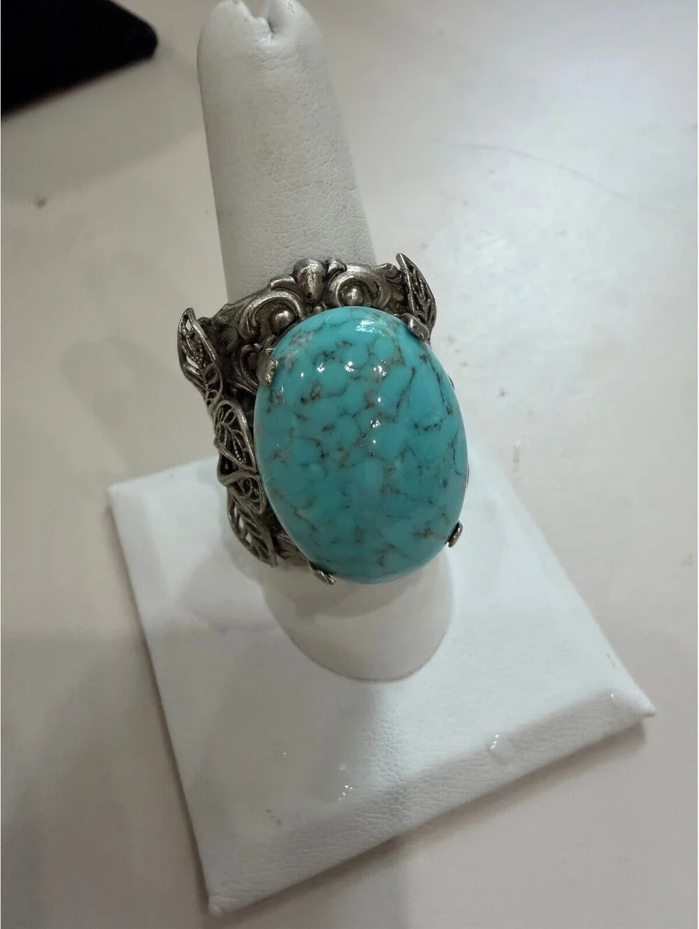 Vintage Silver-Tone Ring with Large Turquoise Stone